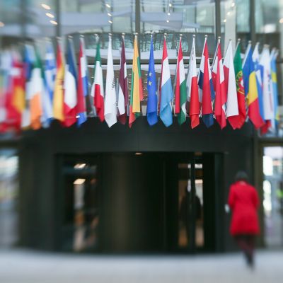 EU -maiden lippuja parlamentin sisäänkäynnissä.