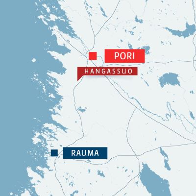 Kartta, jossa Porin, Rauman ja Hangassuon sijainnit.