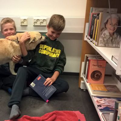 Library dog Hilma with Samuel Fors and Pontus Engdal in Kimito, Southwest Finland