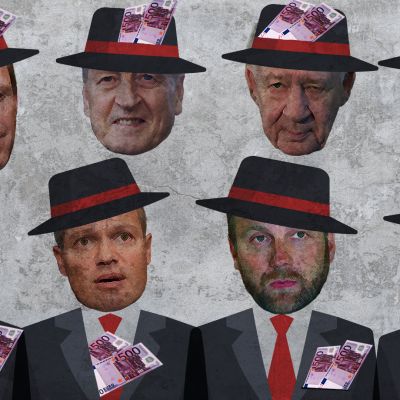 Kuvituskuva, jossa urheilujohtajia seteleitä hatussaan.