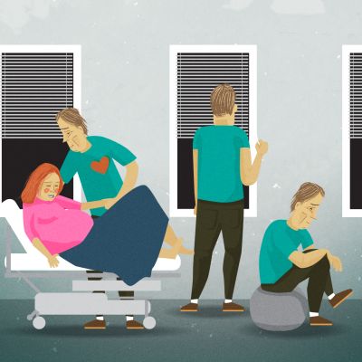 Grafiikka, jossa on erilaisia isä synnytyssalissa.