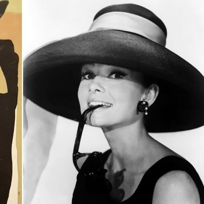 Kuvassa Aamiainen Tiffanylla kirjan kansi sekä elokuvassa näyttelevä Audrey Hepburn.