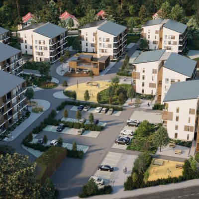 ICON Kristalli -puukerrostaloalue ilmakuvana, taiteilijan näkemys