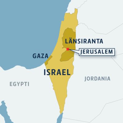 Kartta missä Israel, Länsiranta ja Gaza sekä Jerusalem