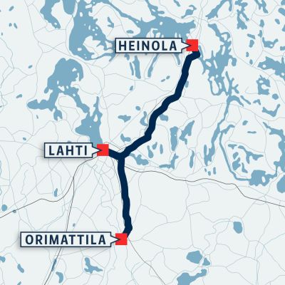 Kartta Lahden, Heinolan ja Orimattilan välisistä raideyhteyksistä