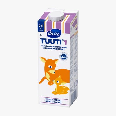 Valio Tuuti® 1 äidinmaidonkorviketta 1 litran pakkauksessa.