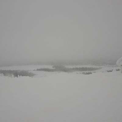 Näkymä Sallatunturin laskettelurinteen yläasemalta itään. Selkeällä säällä' täältä näkee Venäjän tuntureille asti.  Lounaasta saapunut pyry peittää näkymän Natura-alueelle joulukuussa 2019.