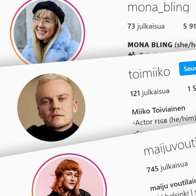 Ruutukaappauksia Instagram-vaikuttajien otsikkosivuista, joissa on tietojen yhteydessä she/her- tai he/him-maininta.