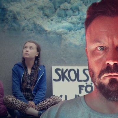Riku Rantala kuvassa, jonka taustalla näkyy Greta Thunberg istumassa koululakkokyltin kanssa.