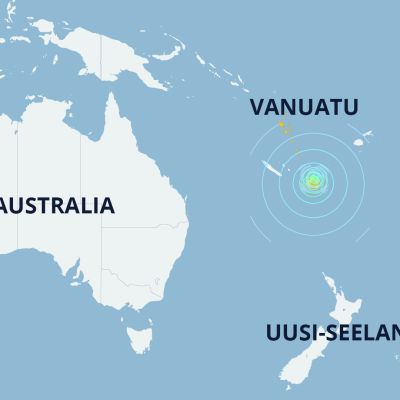 Kartta, jossa Vanuatu, Australia ja Uusi-Seelanti sekä järistyksen keskus.