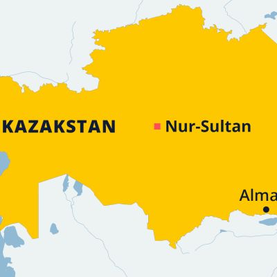 Kazakstanin kartta, jossa pääkaupunki Nur-Sultan ja Almaty.