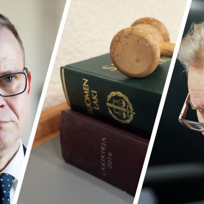 Petteri Orpo ja Antti Rinne. Välissä lakikirja ja nuija.