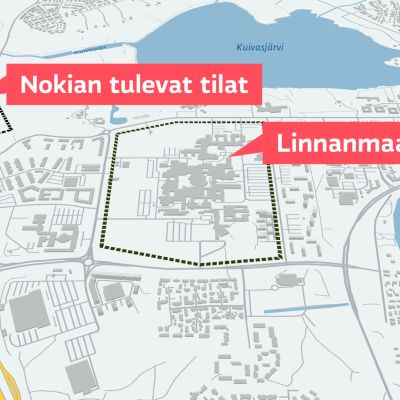 Kartta Nokian uusien toimitilojen sijainnista