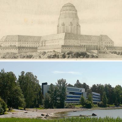 Kalevalatalon perspektiivipiirros ja valokuva nykyisestä Munkkiniemenrannasta.