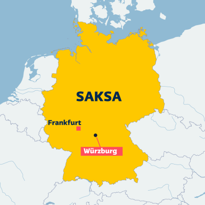 Saksan kartta, johon on merkitty Würzburgin ja Frankfurtin kaupungit.