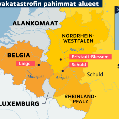 Saksan ja Belgian tulva-alueet kartalla.