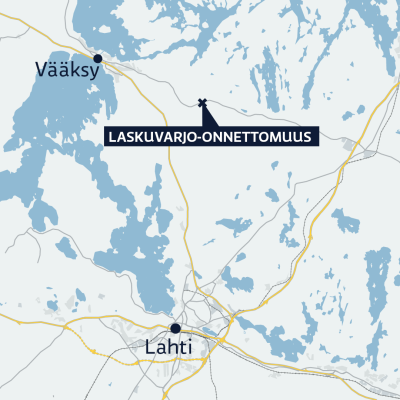 Kartassa onnettomuuspaikka, Vääksy ja Lahti