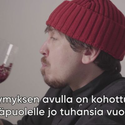 Toimittaja Tuukka Pasanen siemailee viinirypäleitä viinilasista.