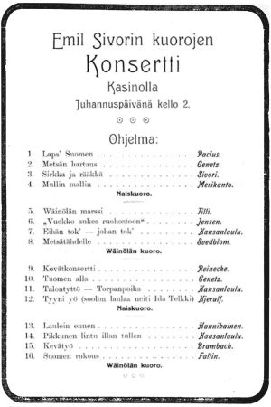 Konsertti-ilmoitus Terijoen Laulu-, soitto- ja urheilujuhlilla 1910: Emil Sivorin kuorojen konsertti.