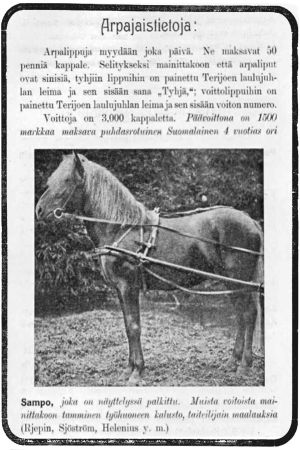 Terijoen Laulujuhlilla 1910 järjestettyjen arpajaisten päävoitto oli hevonen.