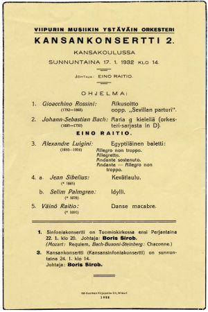 Viipurin Musiikin Ystäväin Orkesterin konserttiohjelma 1931.