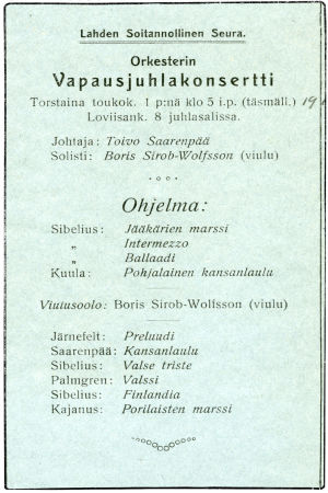 Lahden Soitannollisen Seuran Vapausjuhlakonsertti 1.5.1918.