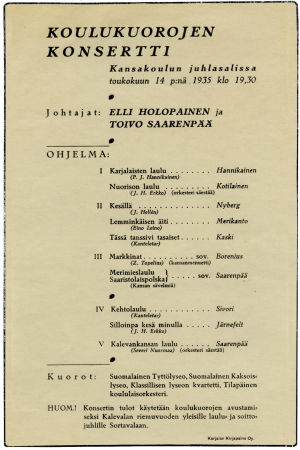 Koulukuorojen konsertin käsiohjelma Viipuri 14.5.1935.