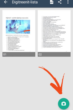 Voit lisätä uusia sivuja vihreästä kamerapainikkeesta. Ruutukaappaus: CamScanner-näkymä pdf-tiedostosta, johon on skannattu kaksi sivua.