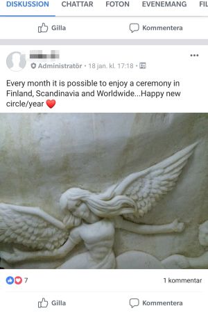 Ungefär två gånger i månaden kan man delta i en ayahuascaceremoni i Finland. Här en skärmdump ur en av Facebookgrupperna. Skärmdump ur en av ayahuascagrupperna. Här bjuder administratören in deltagarna till ceremoni.