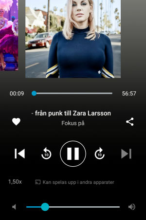 Genom att klicka på "1,5x" nere i vänstra hörnet kan du ändra hastighet för ljuduppspelningen. Utseendet i Arenan-applikationen för operativsystemet Android. spela upp radioinslag
