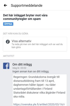 Skärmdump av meddelandet som mötte Facebook-användare som försökte dela en artikel från Svenska Yle. Skärmdump av ett supportmeddelande som säger "Det här inlägget bryter mot våra communityregler om spam".