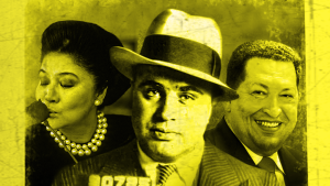 12 diktaattoria -podcast-sarjan esittelykuva, kuvassa Imelda Marcos, Al Capone ja Hugo Chavez. 