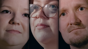 Kolmeen osaan jaettu kuva kolmen henkilön kasvoista.