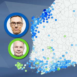 Grafiikka näyttää kartalla miten äänestysalueet jossa asuu ruotsinkielisiä äänestivät presidentinvaalien toisella kierroksella. Stubb oli suosituin suurimmassa osassa näitä kuntia, paitsi Ahvenanmaalla.