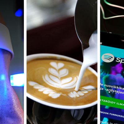 Kolmen kuvan yhdistelmäkuva. Nuori nainen silmälääkärillä (vasemmalla), erikoiskahviin tehdään koristelukuviota (keskellä) ja Spotifyn käyttöliittymä alykännykässä.