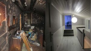 Övre våningen strax efter branden och efter renovering (arkivbild). före och efter brand