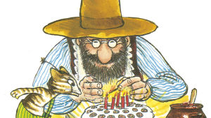 Vartefter historien om Pettson och Findus växte fram blev Findus som ett barn för Pettson. Pettson och Findus med en födelsedagstårta.