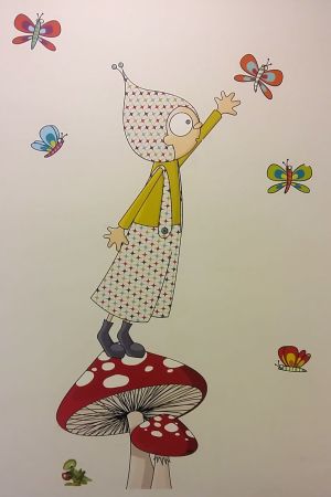 Barn lär sig prata genom ständiga övningar. En dag fångar du ordet du sökte efter. Väggmålning av en flicka som fångar fjärilar.