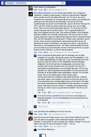 Denis Strandell deltar i debatten i Hangö. En skärmdump från en diskussion på Facebook i gruppen Hangöbo/Hankolainen. Stadsdirektören går in och kommenterar diskussionen.