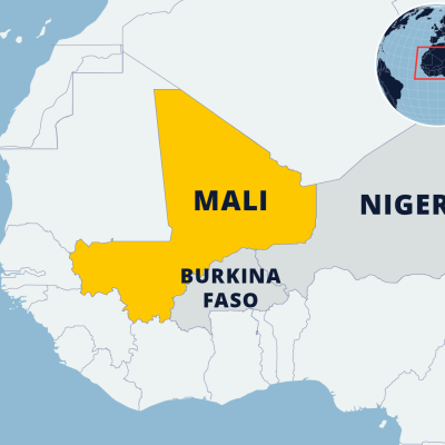 Kartta Malista ja naapurimaista Nigeristä ja Burkina Fasosta.