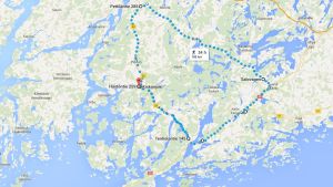 Det här är en ungefärlig karta över vargområdet. Kartan är från Google Maps. En karta över vargområdet Kisko å, Kiskovägen, Salo-Ekenäsvägen och Pojoviken.