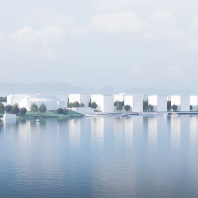 Arkkitehtitoimisto Aihio Arkkitehdit Oy:n näkemys Nokian satama- ja kylpyläalueesta rakentuneena. Kylpylähotelli Eden on kuvassa etualalla vasemmalla.
