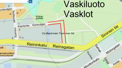Karta som visar det nya vägavsnittet av Karlavägen på Vasklot i Vasa.