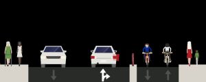 Så här kunde det se ut på Mannerheimgatans bro om man tar i bruk en cykelfil. Skiss över Mannerheimgatans bro som det skulle se ut om det skulle finnas två körfiler och en cykelfil på den.