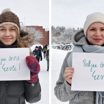 Hilja ja Emma Jyväskylästä toivottavat Virolle onnea.