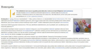 Wikipedian homeopatiasta kertova artikkeli ei täytä edes sivuston omia laatuvaatimuksia. ruutukaappaus Wikipedian homeopatia-artikkelista