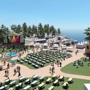 En datoranimerad bild av hur en festival på Casinostranden i Hangö kunde se ut. 