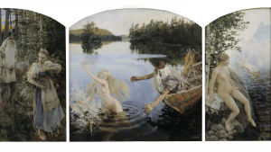 Aino-myten, triptyk av Akseli Gallen-Kallela. Väinämöinen friar till Aino i skogen, hon vill inte gifta sig med honom och bestämmer sig för att dränka sig. I den mittersta bilden försöker Väinämöinen fiska upp Aino men hon kastar sig ur hans händer. Ainomyten, triptyk av Akseli Gallén-Kallela