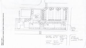 Skiss över området vid Centralgatan, mittemot Fokus, där det nu finns en parkering. En skissteckning som visar hur husen i framtiden kan placeras på tomten vid Centralgatan mittemot Fokus i Karis centrum.