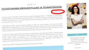 Så här såg Atria-bloggtexten ut. Yle Nyheter har lagt till den röda cirkeln för att markera var samarbetstexten finns. Innehållssamarbete på blogg.